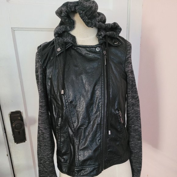 E2 Black Faux Leather Moto Removable Hood Jacket Excellent Size M - Picture 2 of 10